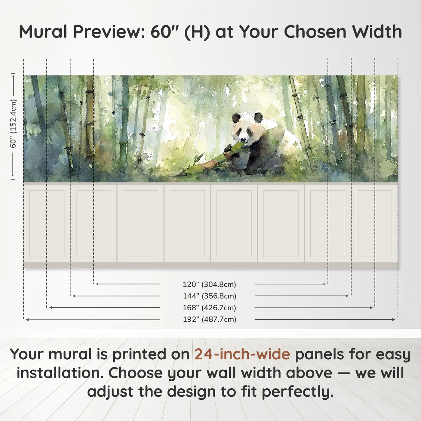 Panel dimensions for Panda Bamboo Breakfast Morning Wainscoting Wallpaper by Whimsy Tots