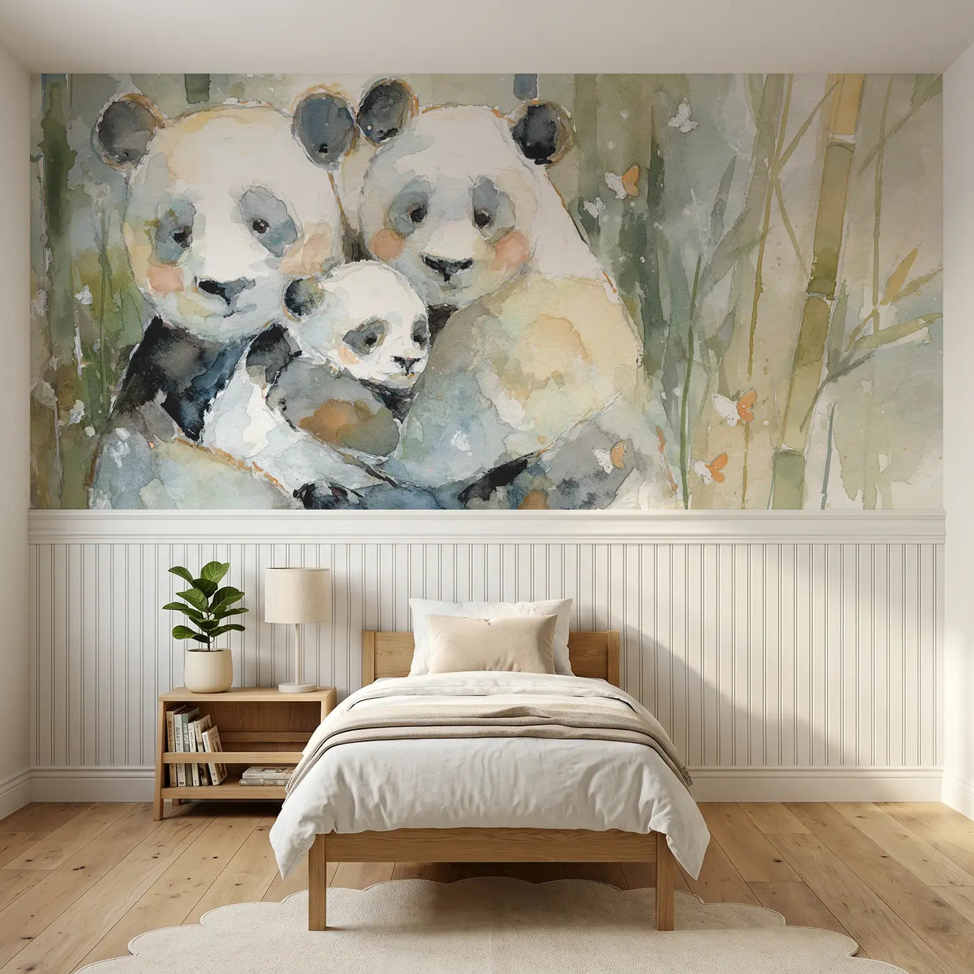 Watercolor panda mother baby hug wainscoting wallpaper for nursery by Whimsy Tots.