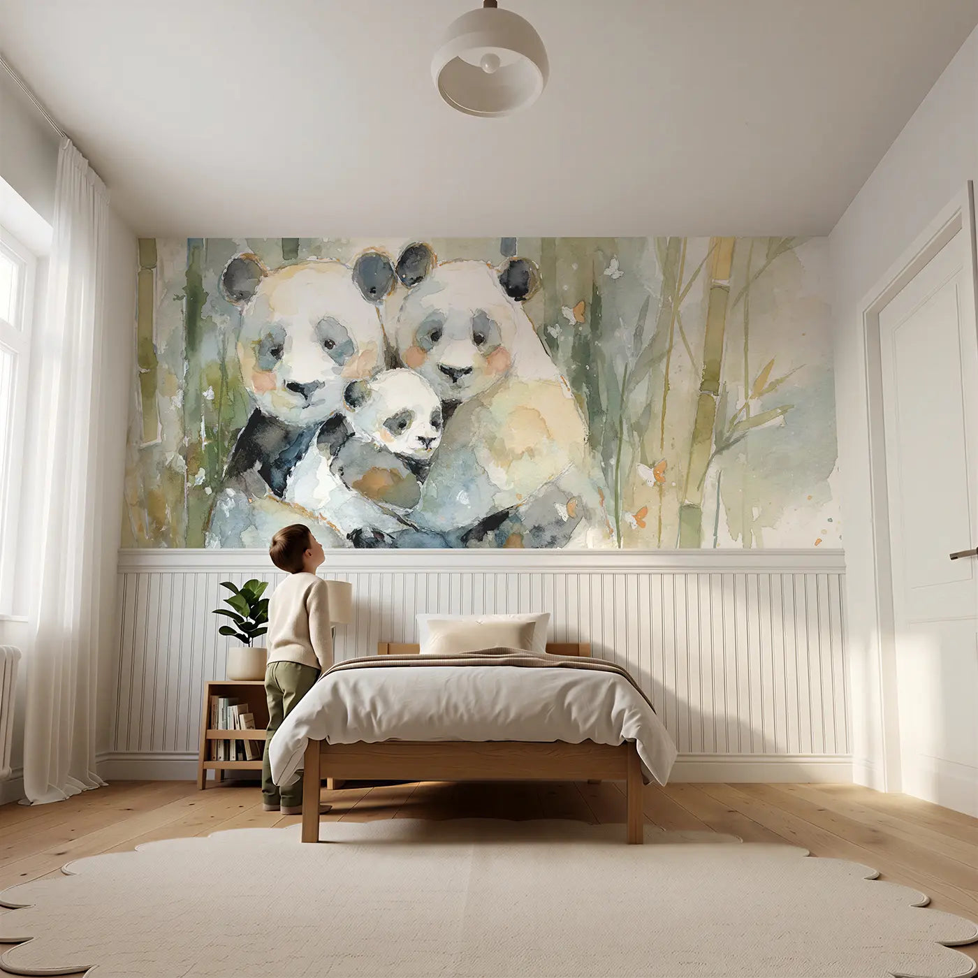 Child reading near Panda Mother Baby Hug Wainscoting Wallpaper by Whimsy Tots