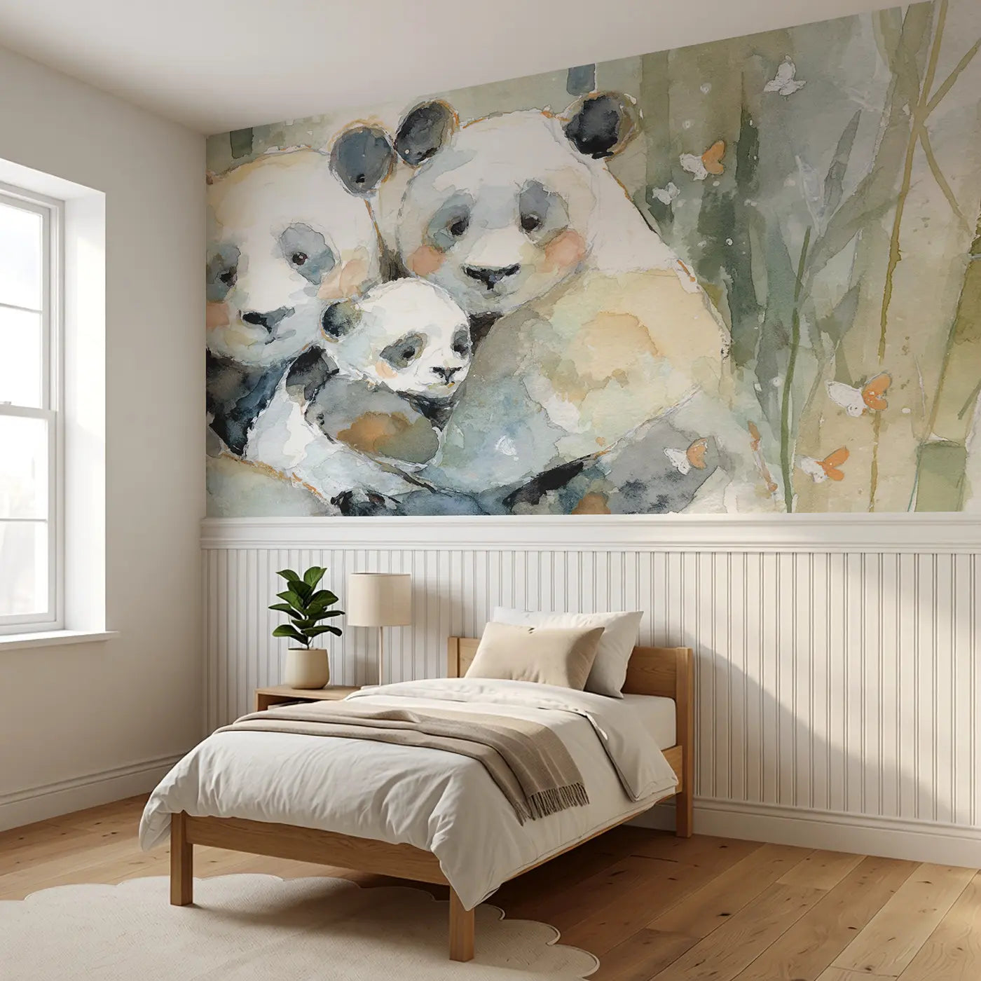Panda Mother Baby Hug Wainscoting Wallpaper styled in a kids bedroom by Whimsy Tots