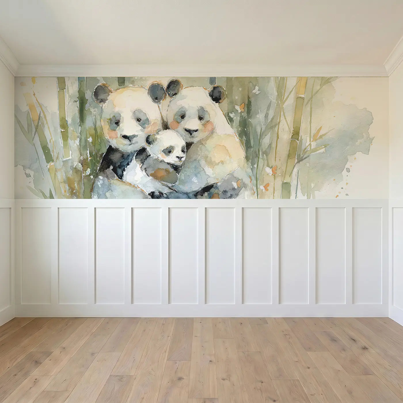 Full panel view of Panda Mother Baby Hug Wainscoting Wallpaper by Whimsy Tots