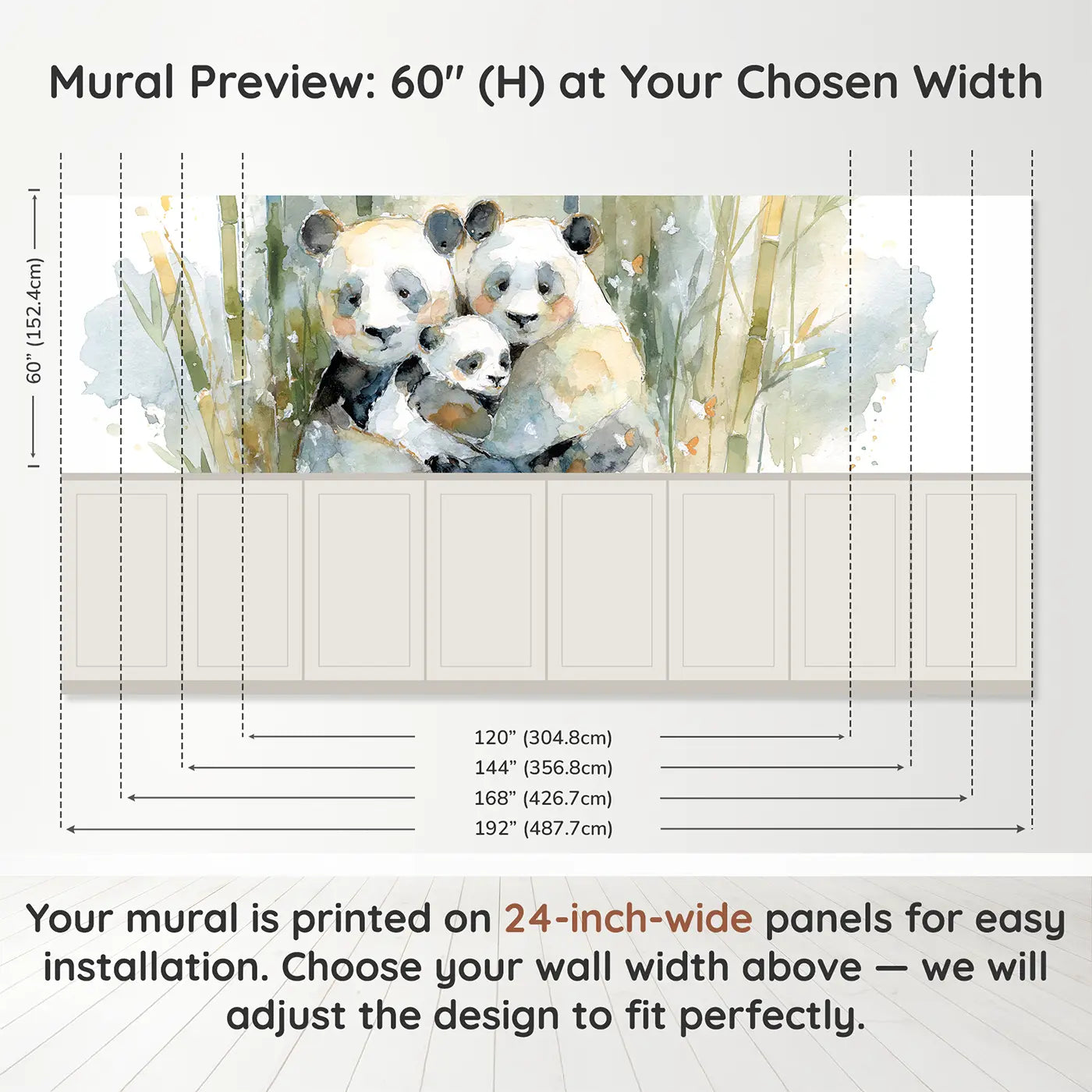 Panel dimensions for Panda Mother Baby Hug Wainscoting Wallpaper by Whimsy Tots