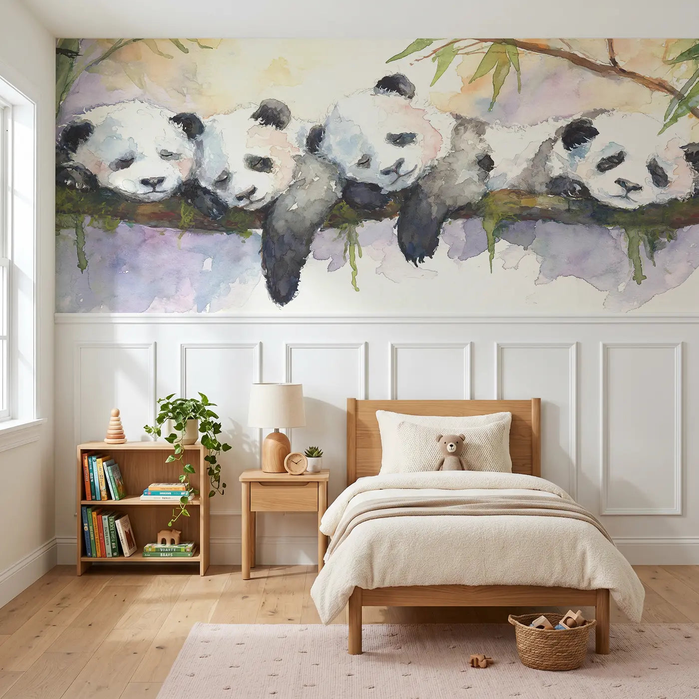 Watercolor panda trio bamboo nap wainscoting wallpaper for nursery by Whimsy Tots.