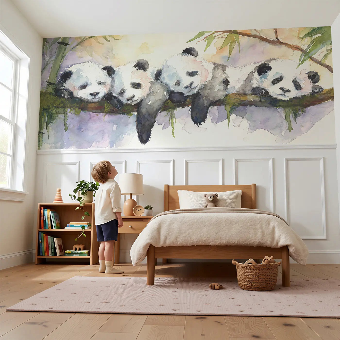 Child reading near Panda Trio Bamboo Nap Wainscoting Wallpaper by Whimsy Tots