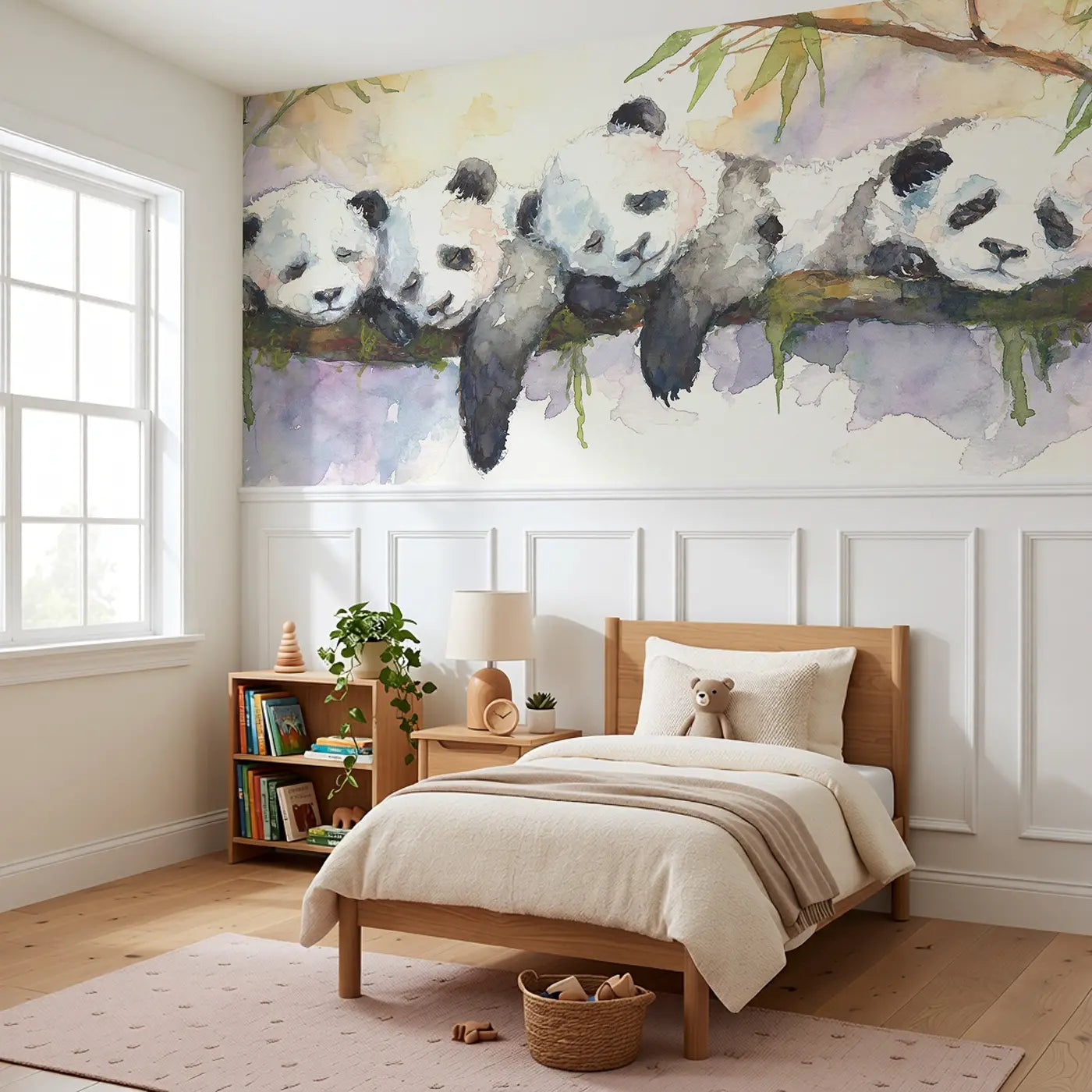 Panda Trio Bamboo Nap Wainscoting Wallpaper styled in a kids bedroom by Whimsy Tots