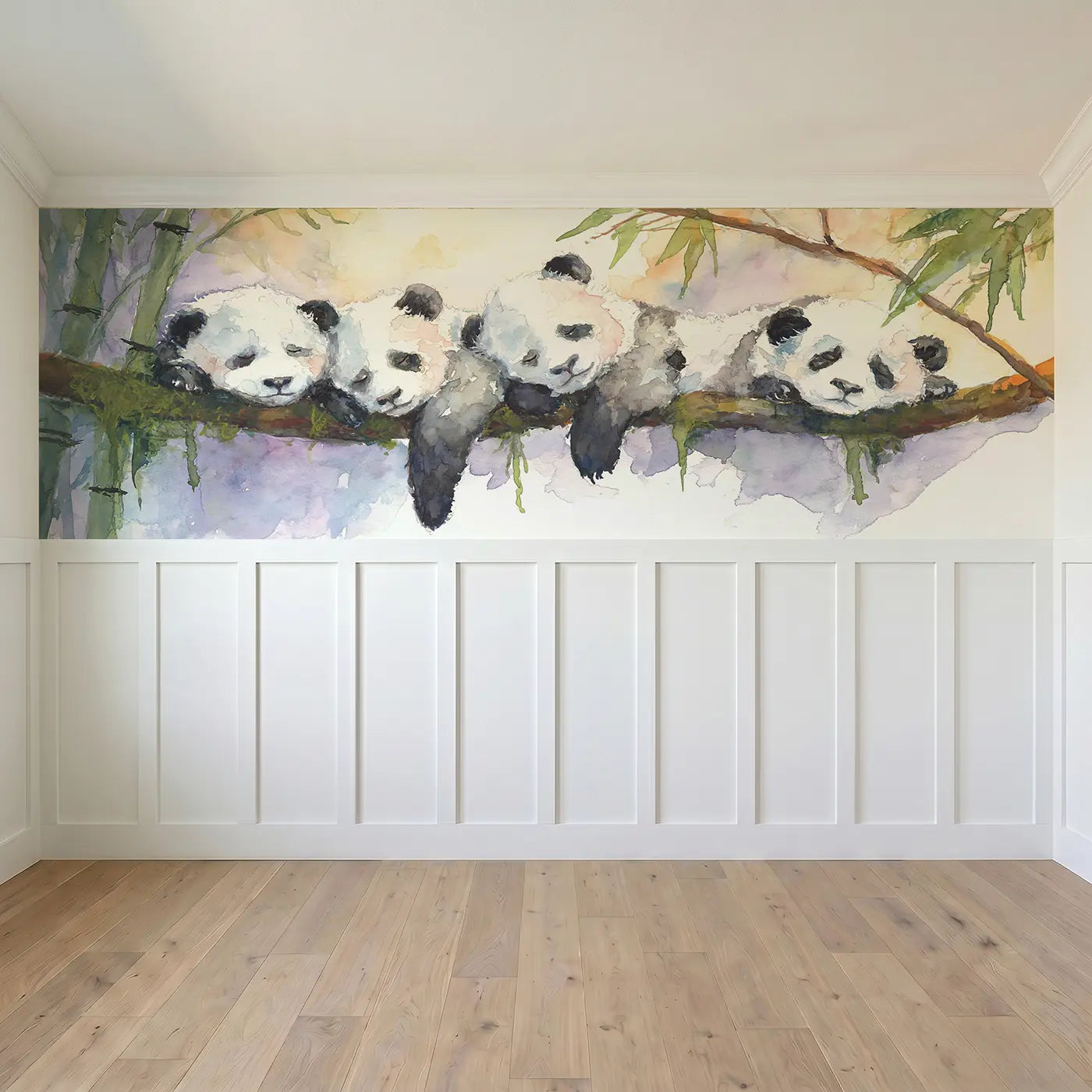 Full panel view of Panda Trio Bamboo Nap Wainscoting Wallpaper by Whimsy Tots