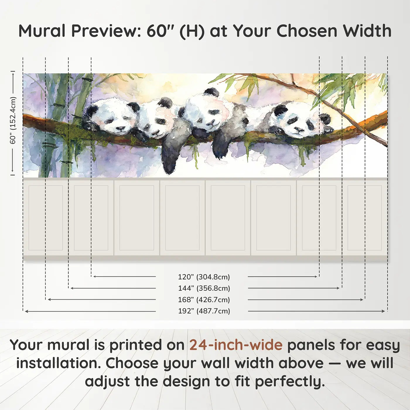 Panel dimensions for Panda Trio Bamboo Nap Wainscoting Wallpaper by Whimsy Tots