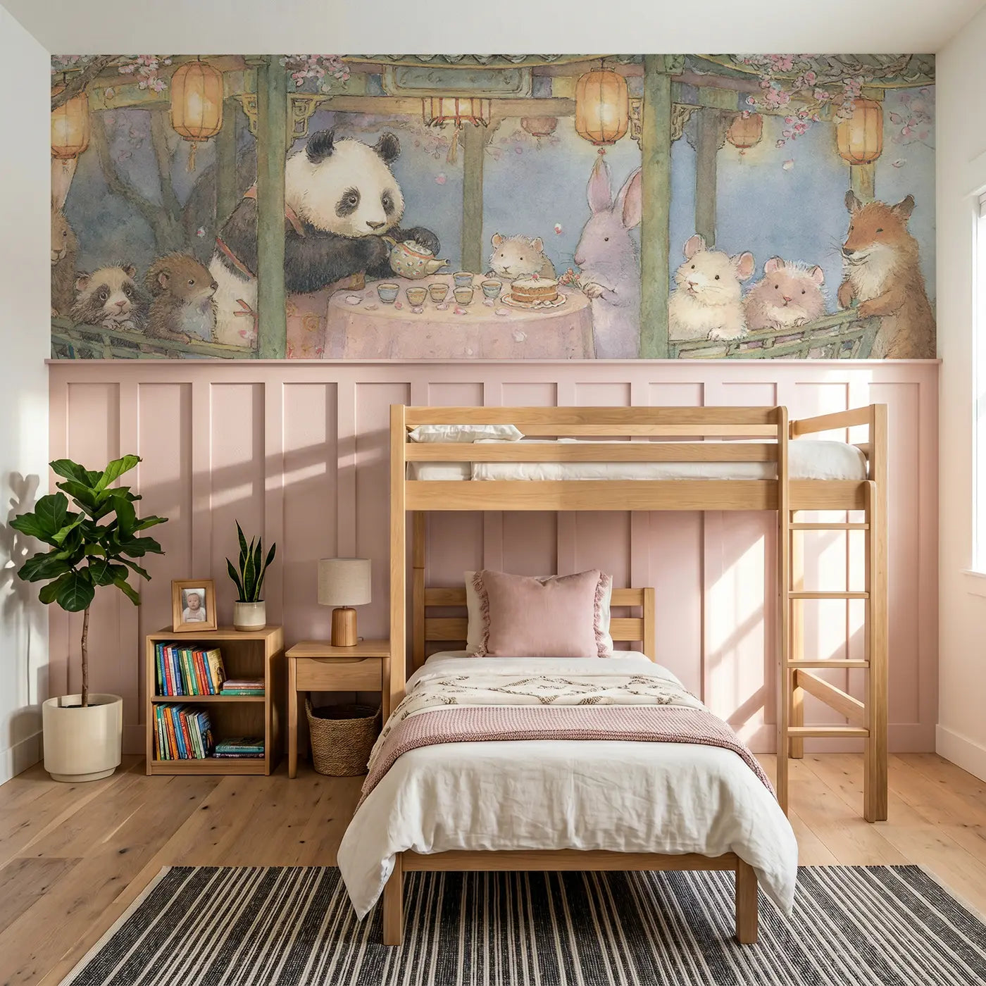Storybook panda tea pavilion garden wainscoting wallpaper for bedroom by Whimsy Tots.