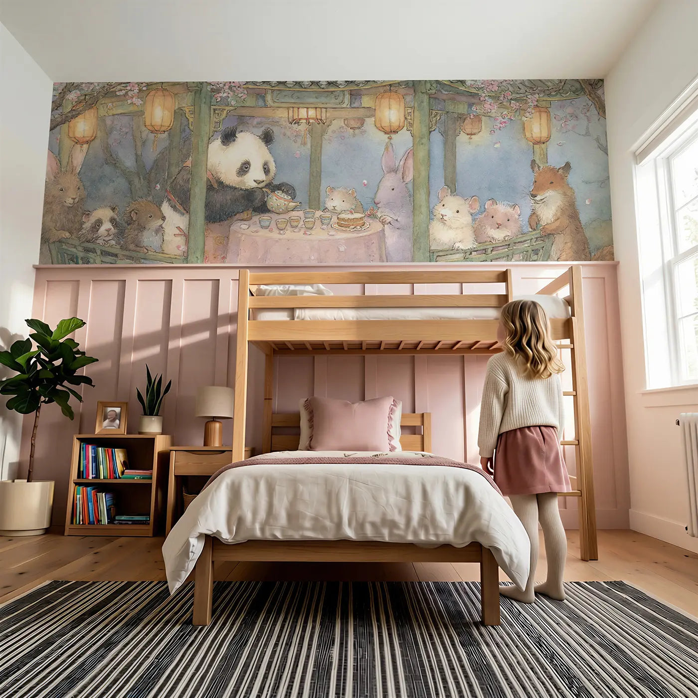 Child reading near Panda Tea Pavilion Garden Wainscoting Wallpaper by Whimsy Tots