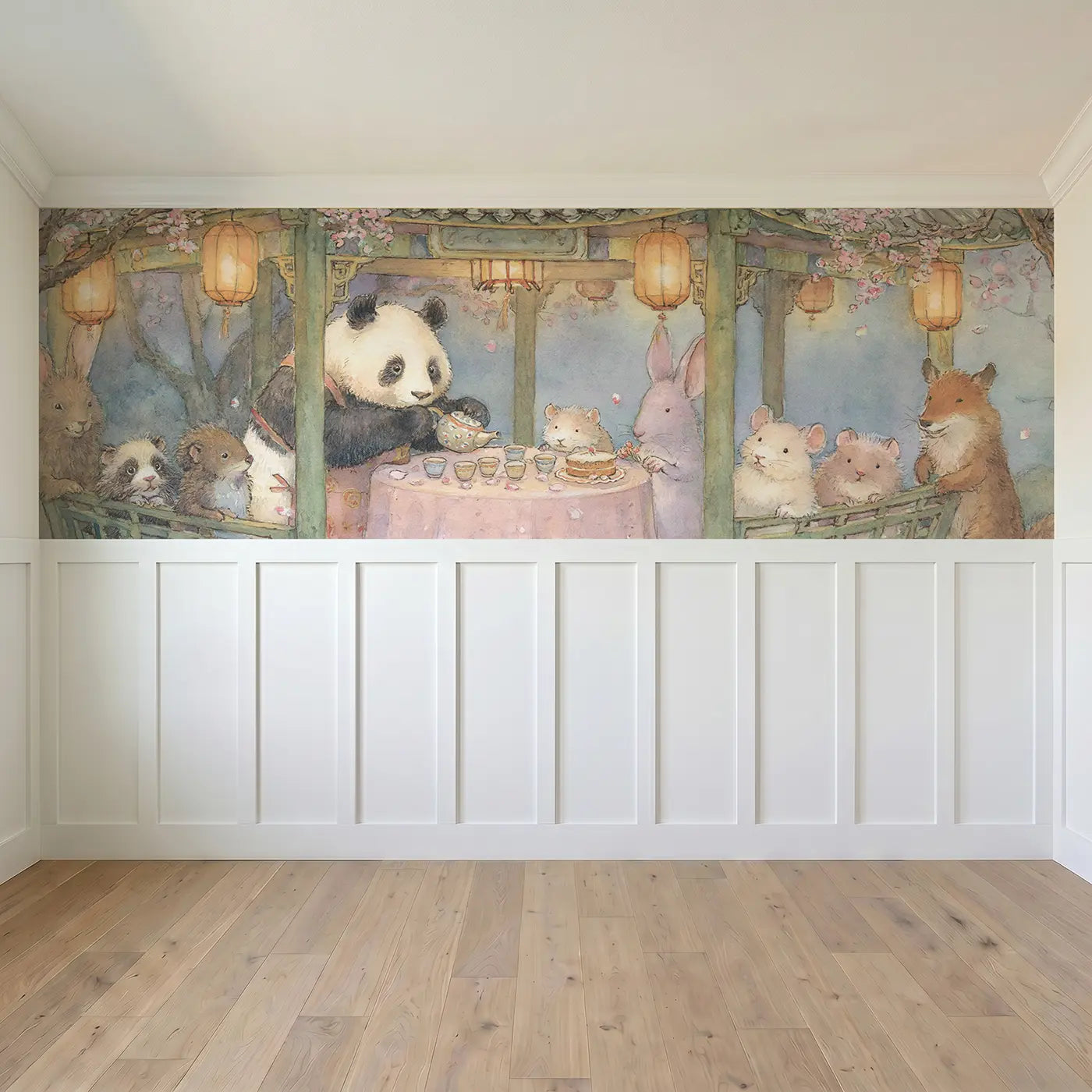 Full panel view of Panda Tea Pavilion Garden Wainscoting Wallpaper by Whimsy Tots