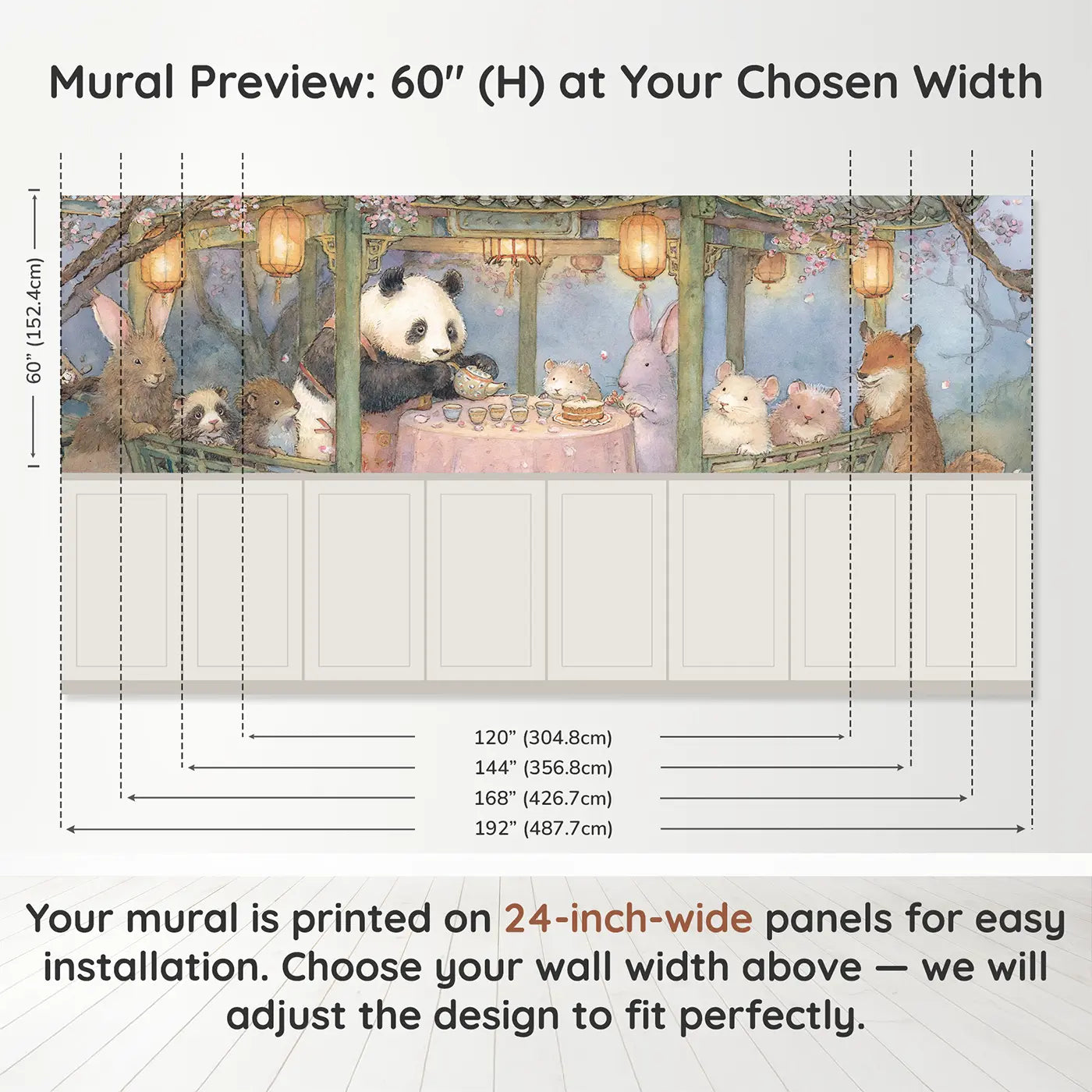 Panel dimensions for Panda Tea Pavilion Garden Wainscoting Wallpaper by Whimsy Tots
