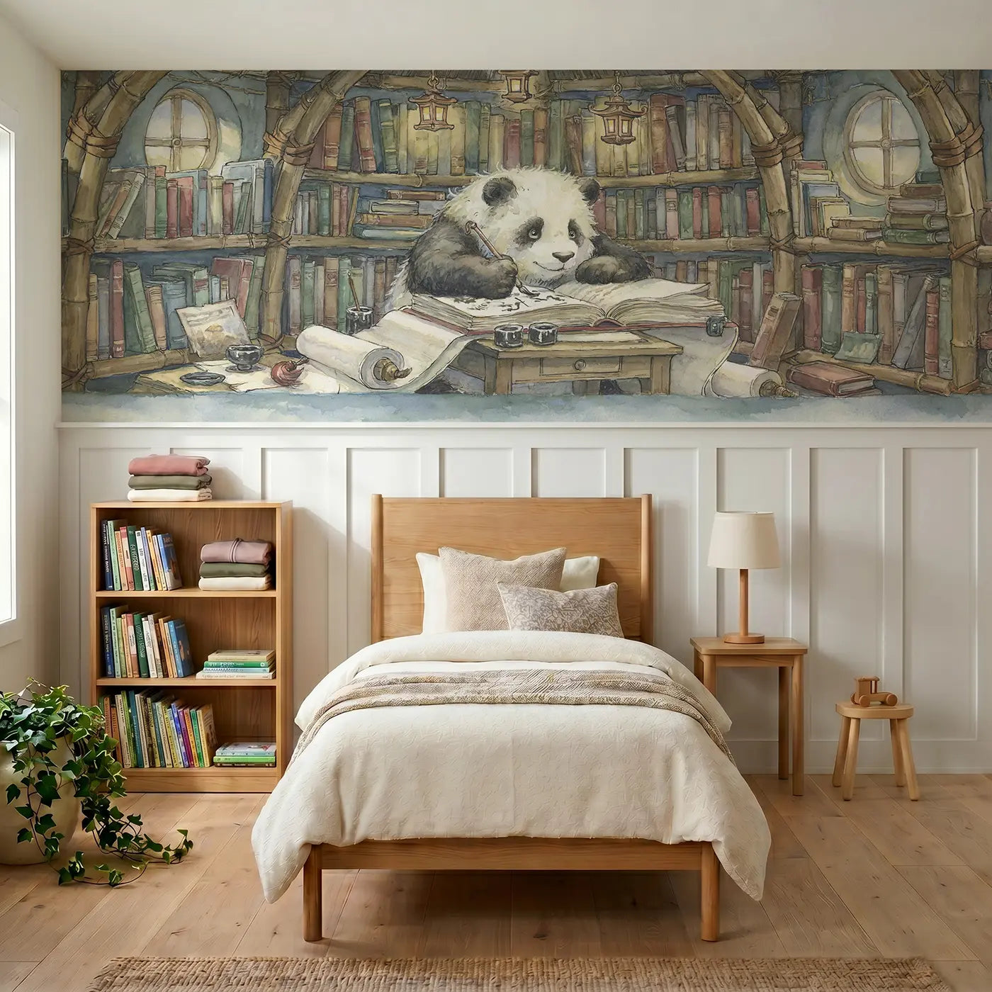Storybook panda library bamboo scroll wainscoting wallpaper for bedroom by Whimsy Tots.
