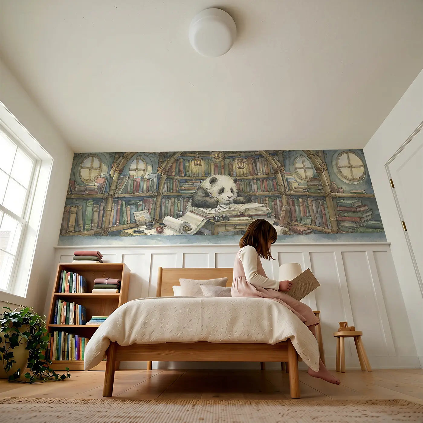 Child reading near Panda Library Bamboo Scroll Wainscoting Wallpaper by Whimsy Tots