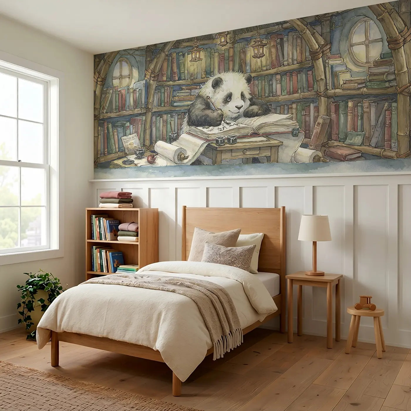 Panda Library Bamboo Scroll Wainscoting Wallpaper styled in a kids bedroom by Whimsy Tots