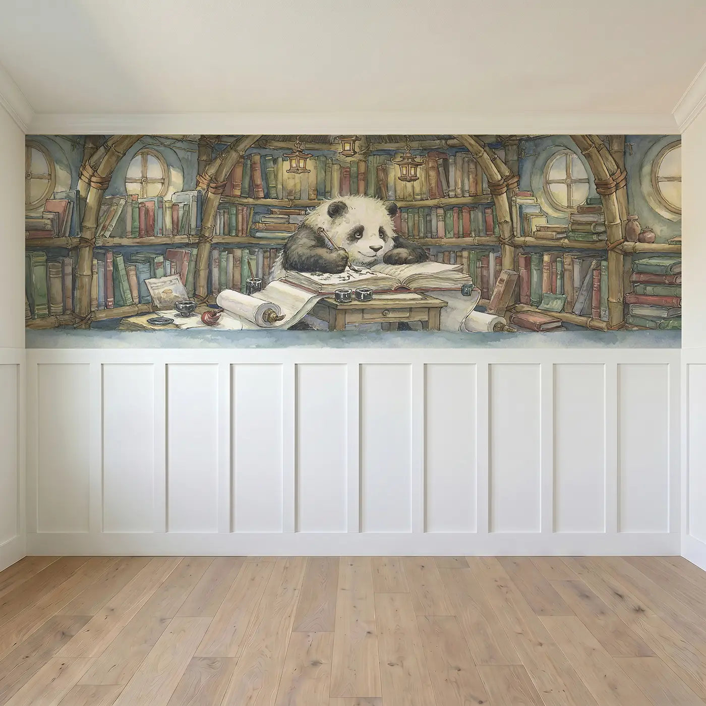 Full panel view of Panda Library Bamboo Scroll Wainscoting Wallpaper by Whimsy Tots