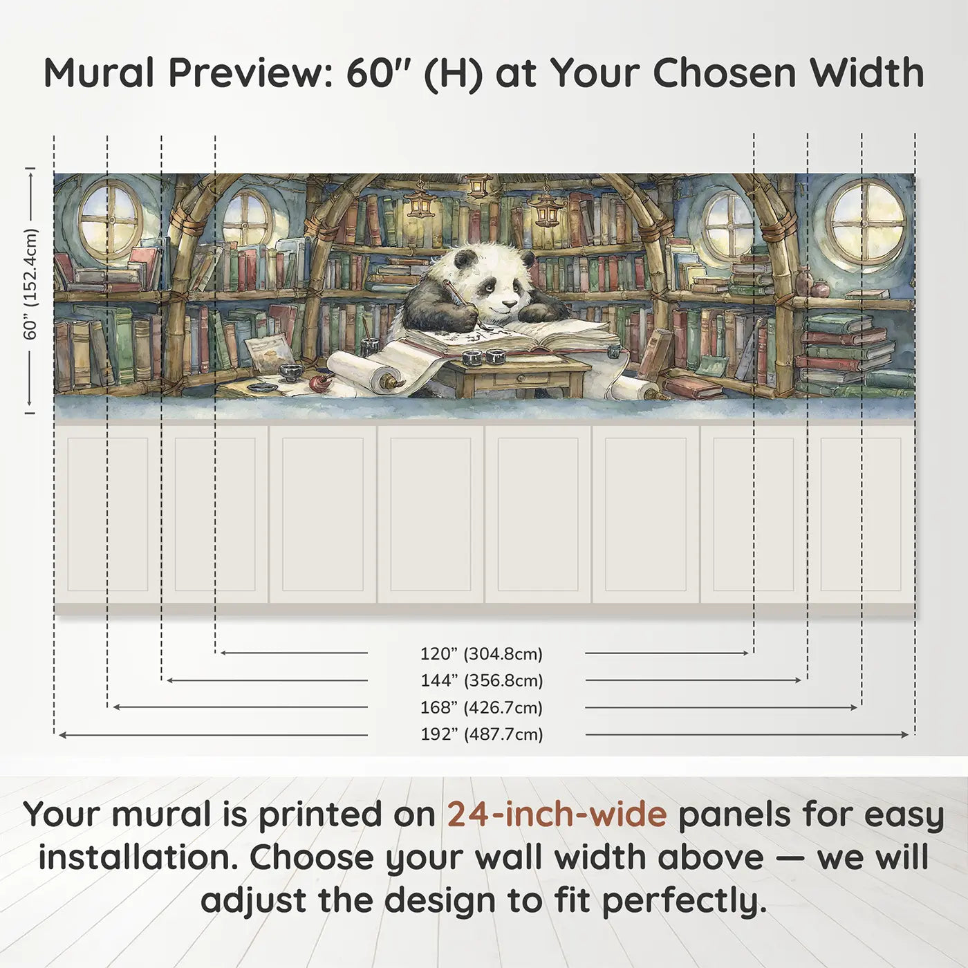 Panel dimensions for Panda Library Bamboo Scroll Wainscoting Wallpaper by Whimsy Tots