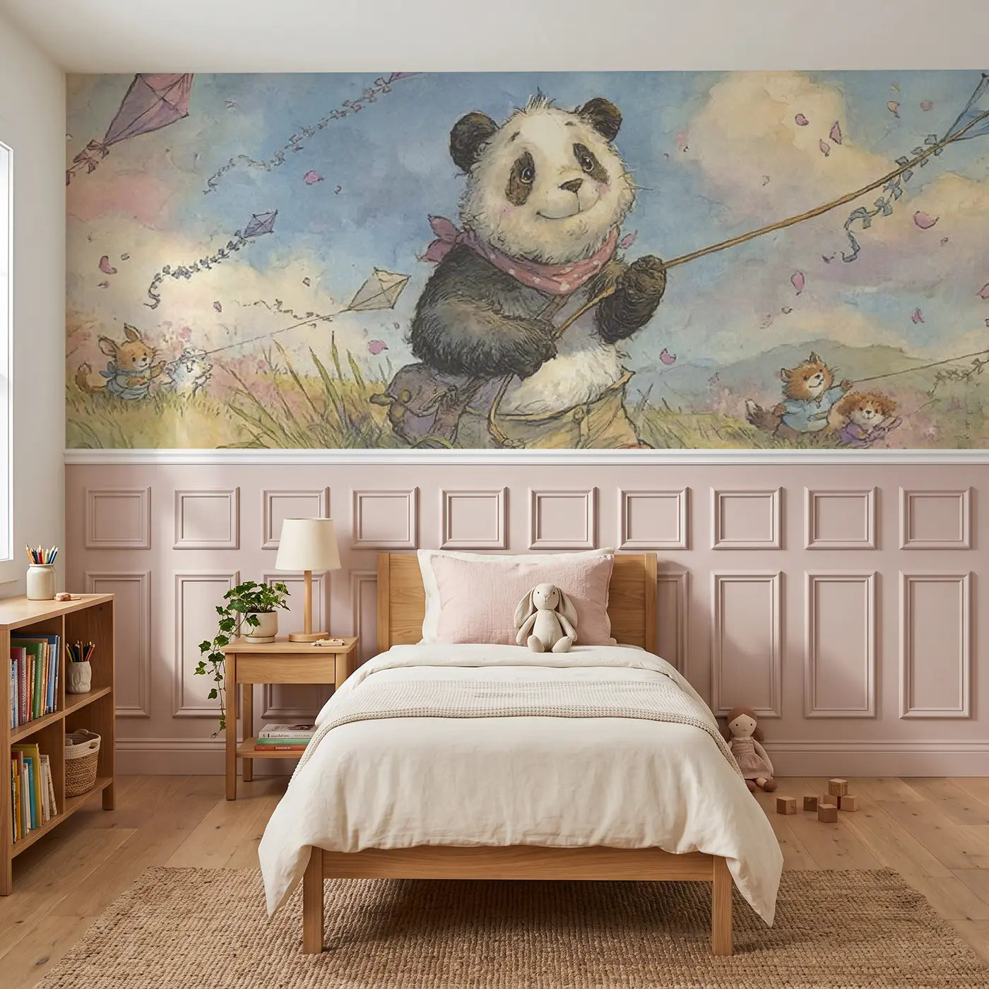 Storybook panda kite festival spring wainscoting wallpaper for bedroom by Whimsy Tots.