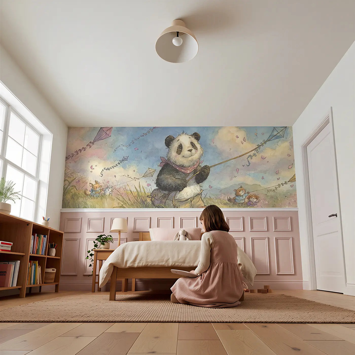 Child reading near Panda Kite Festival Spring Wainscoting Wallpaper by Whimsy Tots
