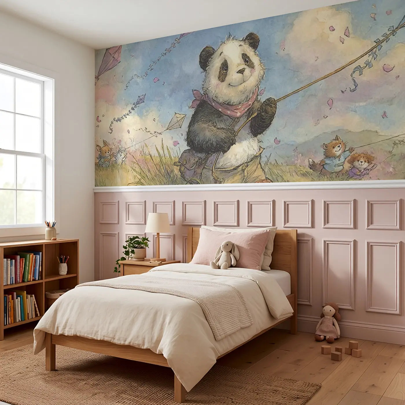 Panda Kite Festival Spring Wainscoting Wallpaper styled in a kids bedroom by Whimsy Tots