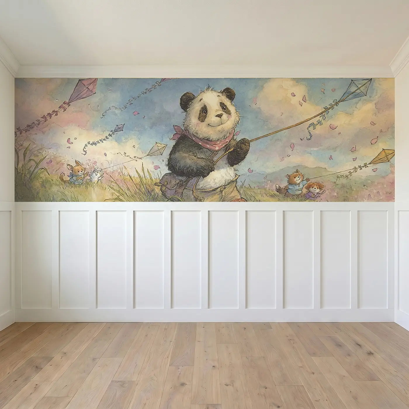Full panel view of Panda Kite Festival Spring Wainscoting Wallpaper by Whimsy Tots