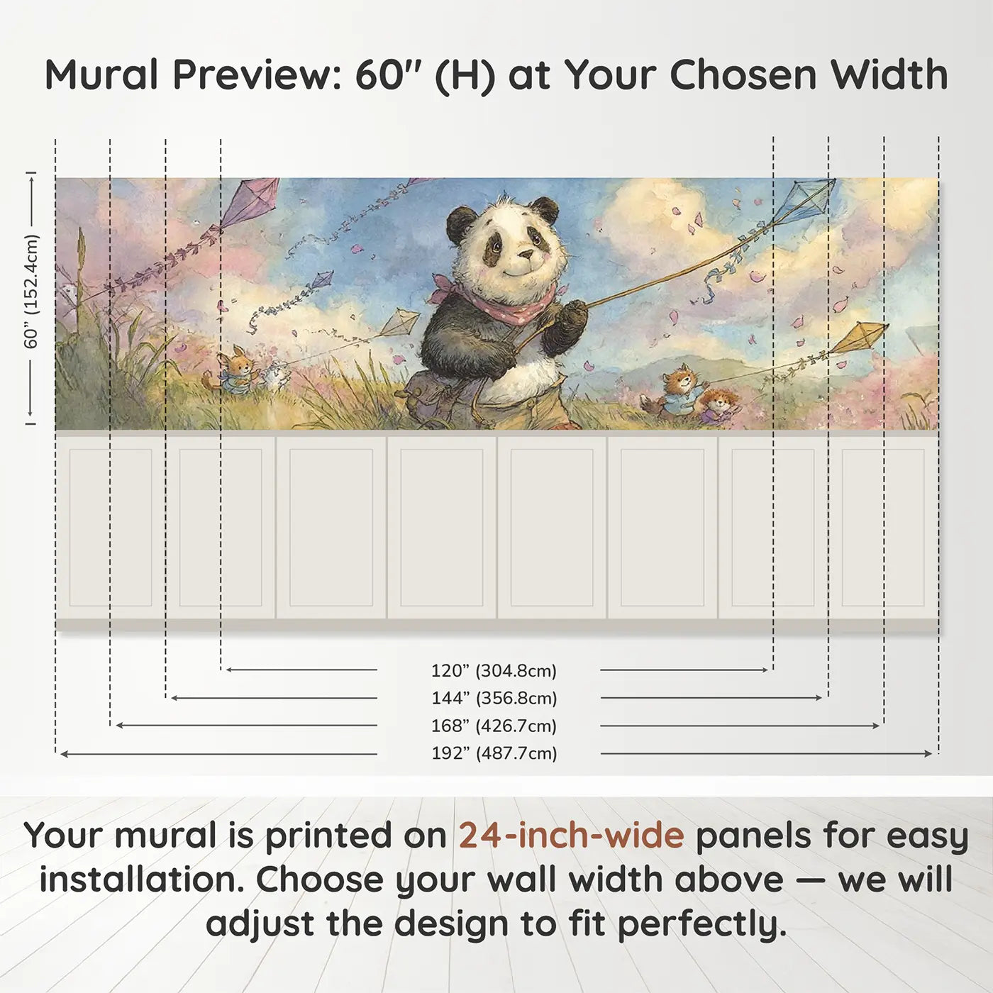 Panel dimensions for Panda Kite Festival Spring Wainscoting Wallpaper by Whimsy Tots