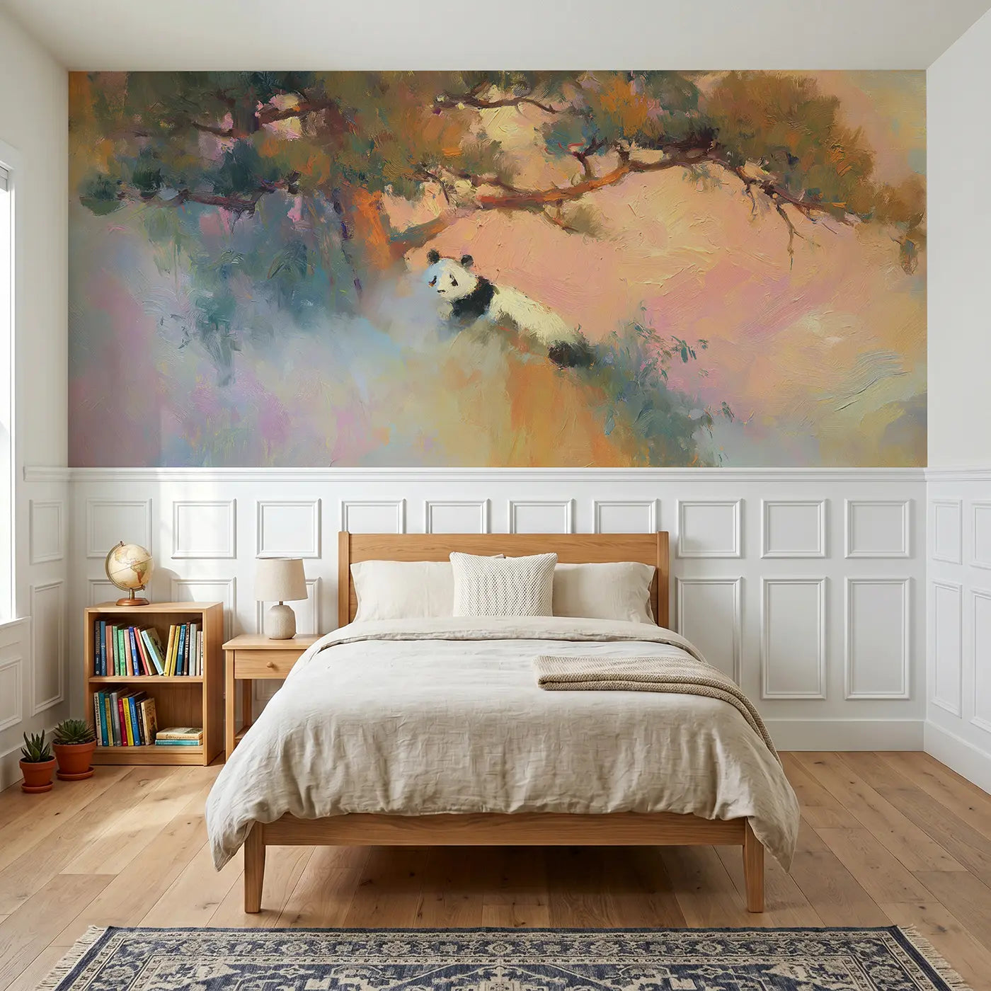 Painted Landscape panda misty mountain sunrise wainscoting wallpaper for bedroom by Whimsy Tots.