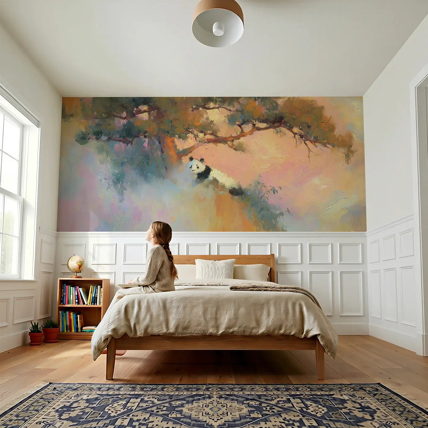 Child reading near Panda Misty Mountain Sunrise Wainscoting Wallpaper by Whimsy Tots