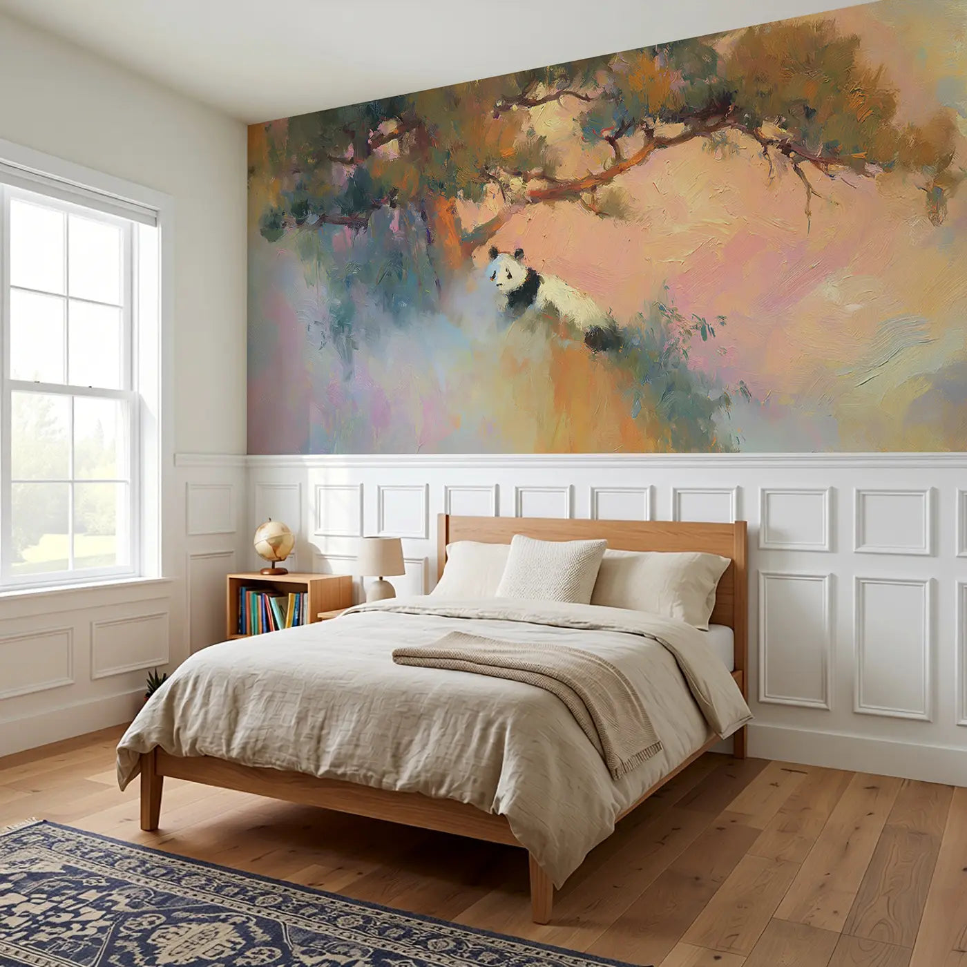 Panda Misty Mountain Sunrise Wainscoting Wallpaper styled in a kids bedroom by Whimsy Tots