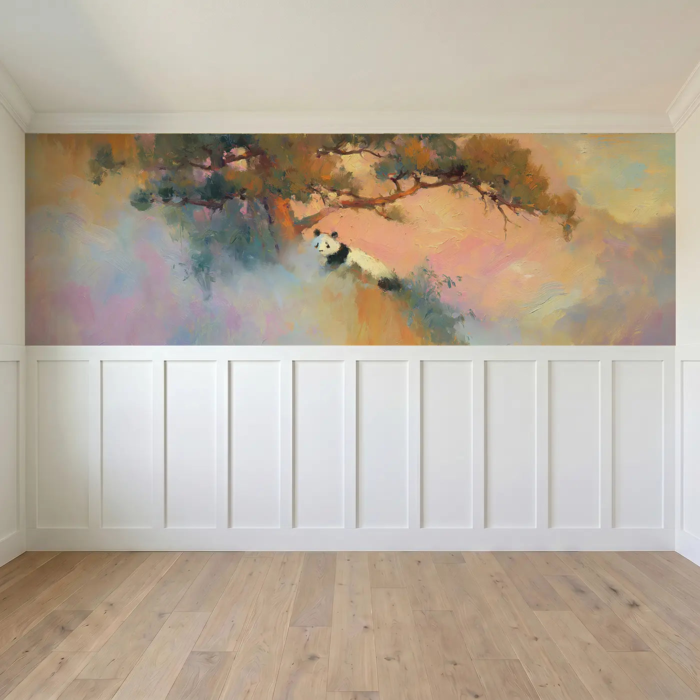 Full panel view of Panda Misty Mountain Sunrise Wainscoting Wallpaper by Whimsy Tots