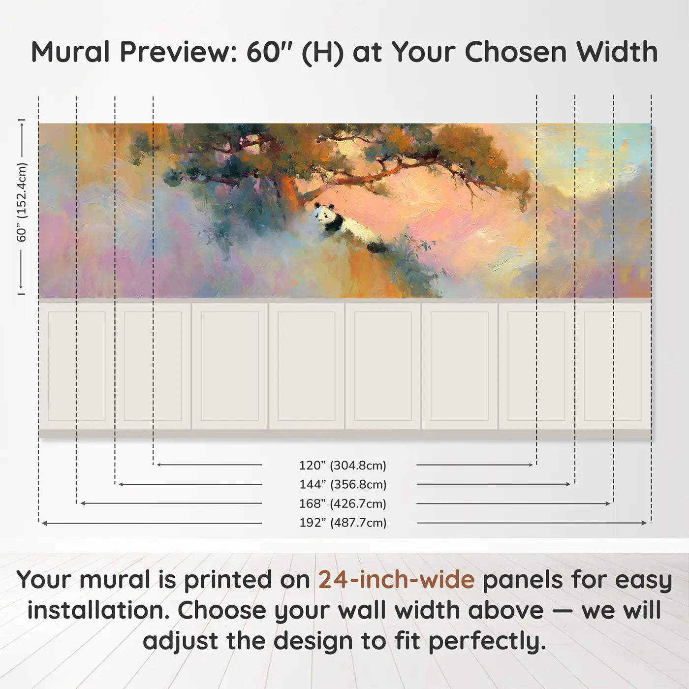 Panel dimensions for Panda Misty Mountain Sunrise Wainscoting Wallpaper by Whimsy Tots