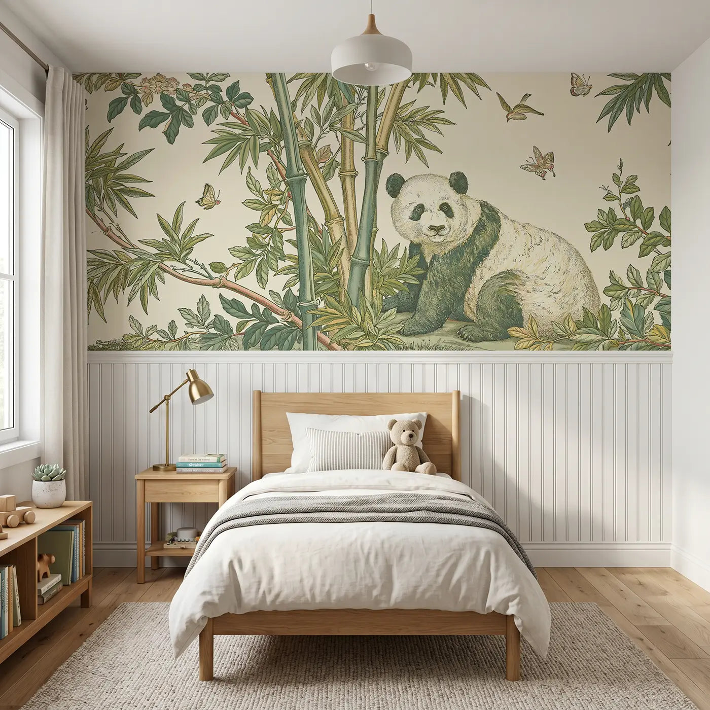 Botanical Elegance panda bamboo toile stipple wainscoting wallpaper for bedroom by Whimsy Tots.