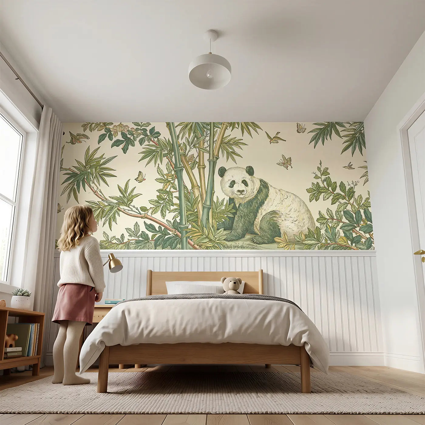 Child reading near Panda Bamboo Toile Stipple Wainscoting Wallpaper by Whimsy Tots