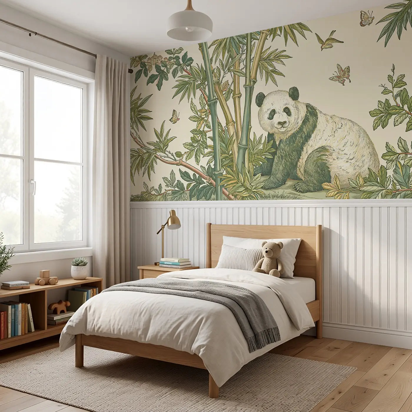 Panda Bamboo Toile Stipple Wainscoting Wallpaper styled in a kids bedroom by Whimsy Tots