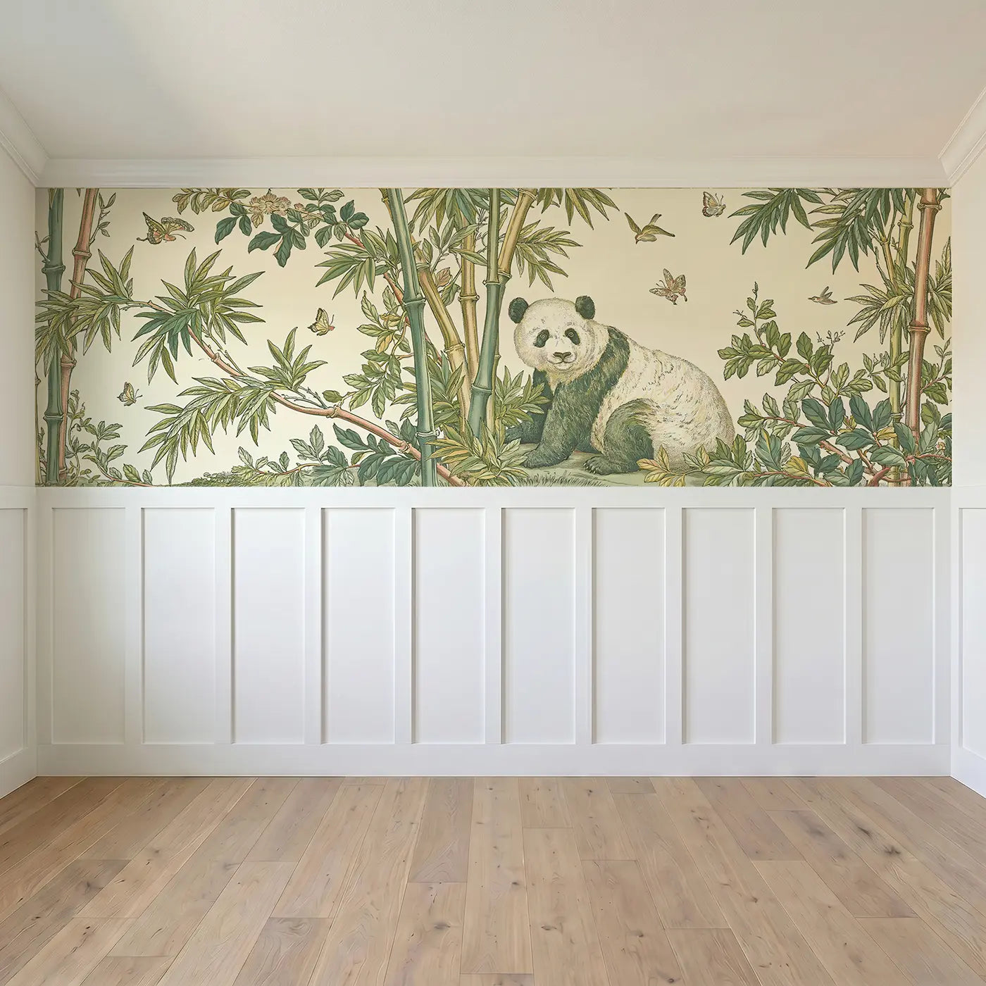 Full panel view of Panda Bamboo Toile Stipple Wainscoting Wallpaper by Whimsy Tots