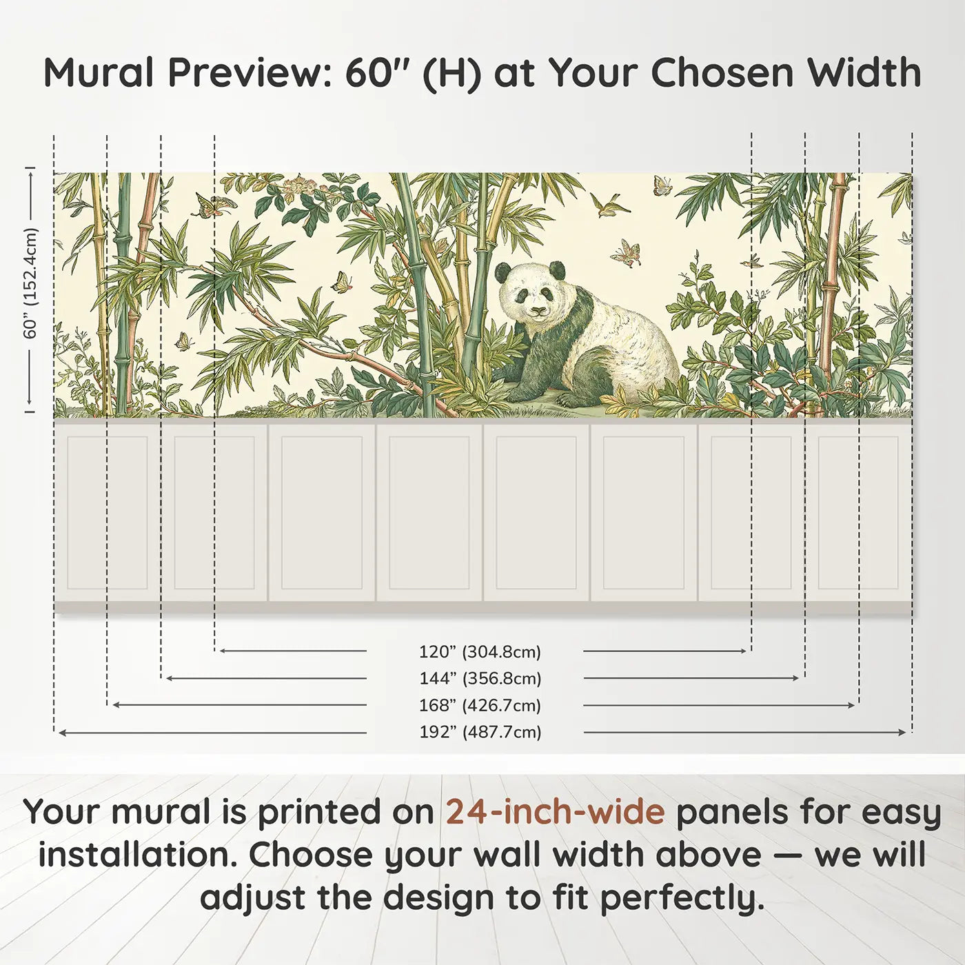 Panel dimensions for Panda Bamboo Toile Stipple Wainscoting Wallpaper by Whimsy Tots