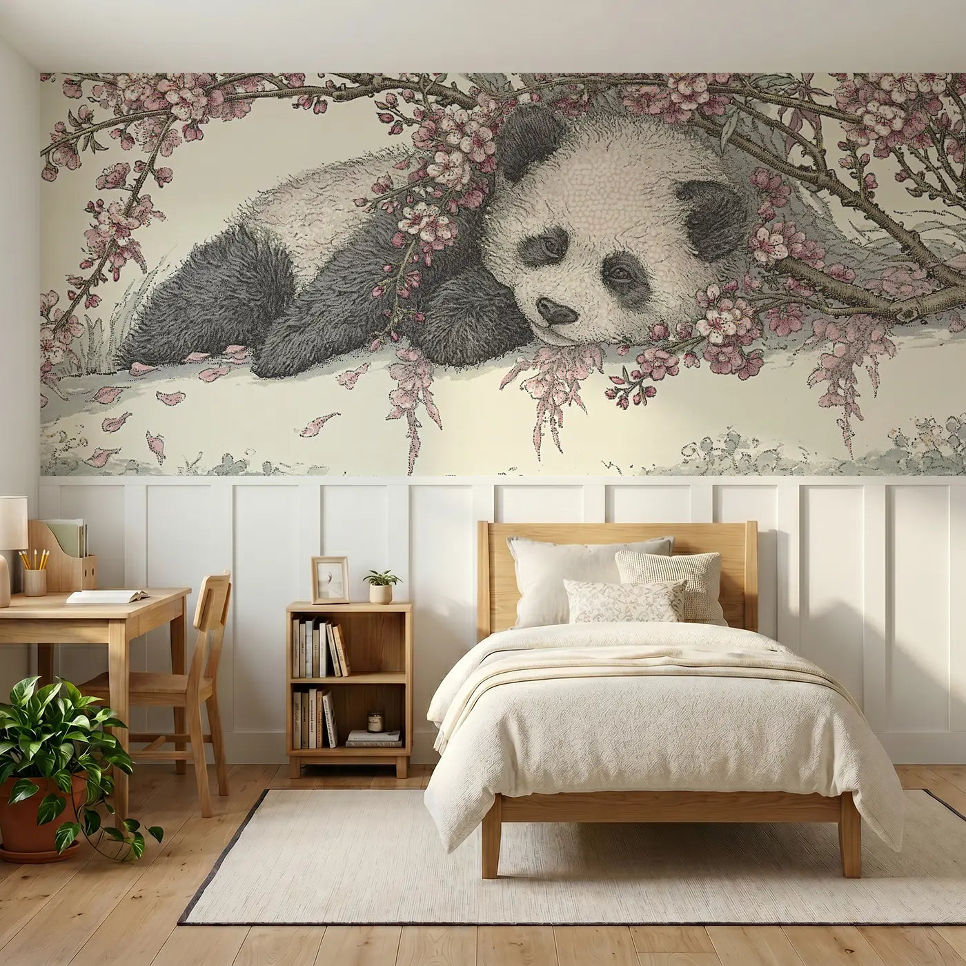 Botanical Elegance panda plum blossom branch toile wainscoting wallpaper for bedroom by Whimsy Tots.