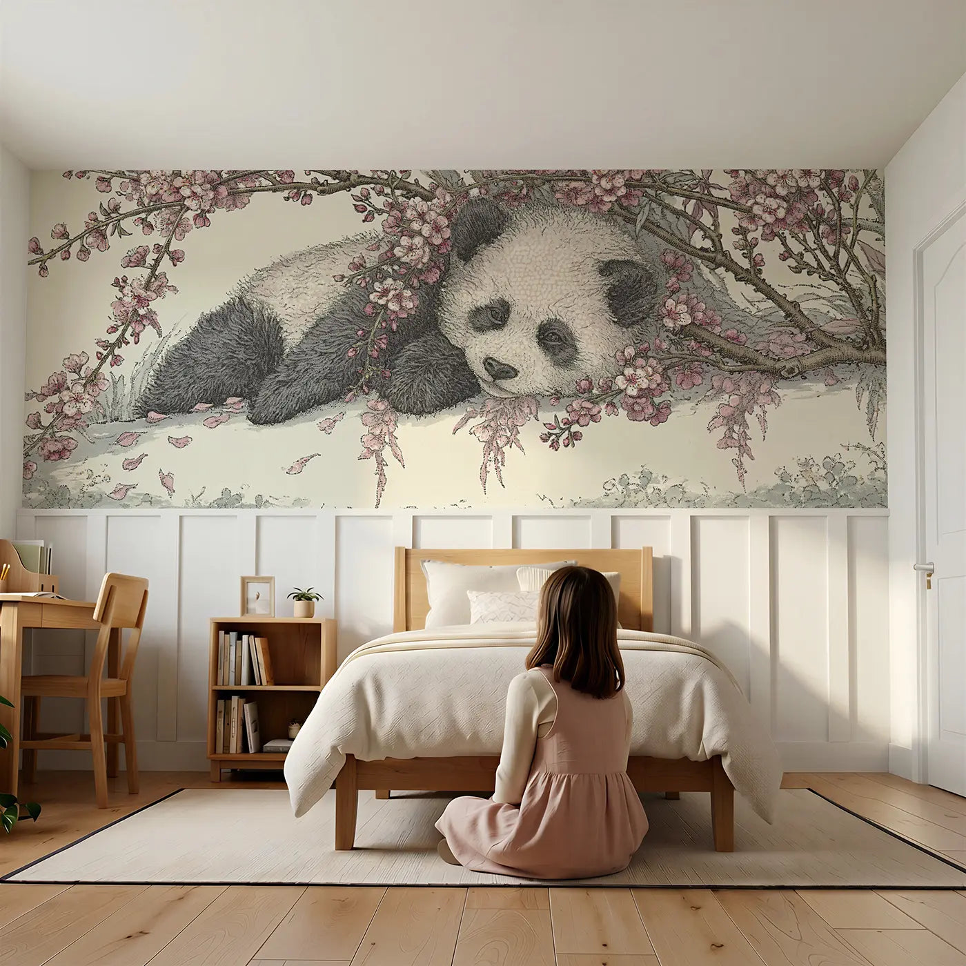 Child reading near Panda Plum Blossom Branch Wainscoting Wallpaper by Whimsy Tots