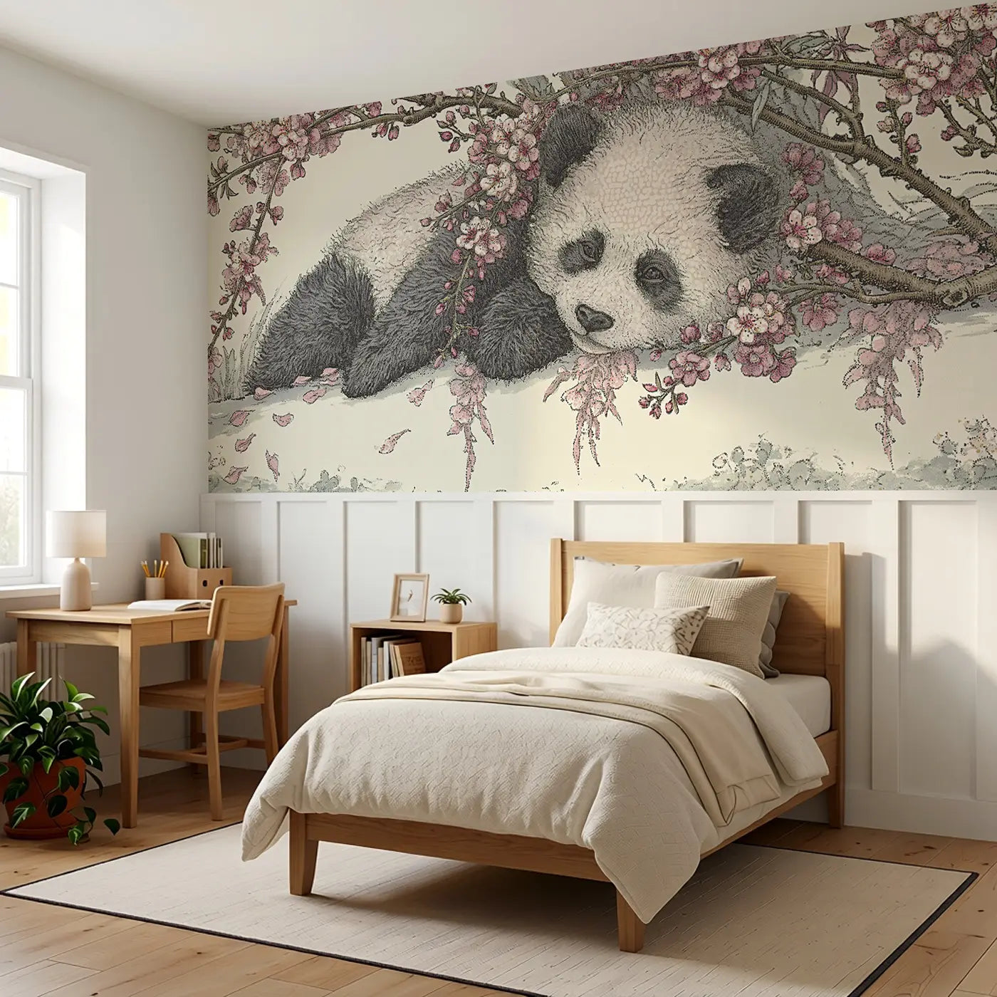 Panda Plum Blossom Branch Wainscoting Wallpaper styled in a kids bedroom by Whimsy Tots