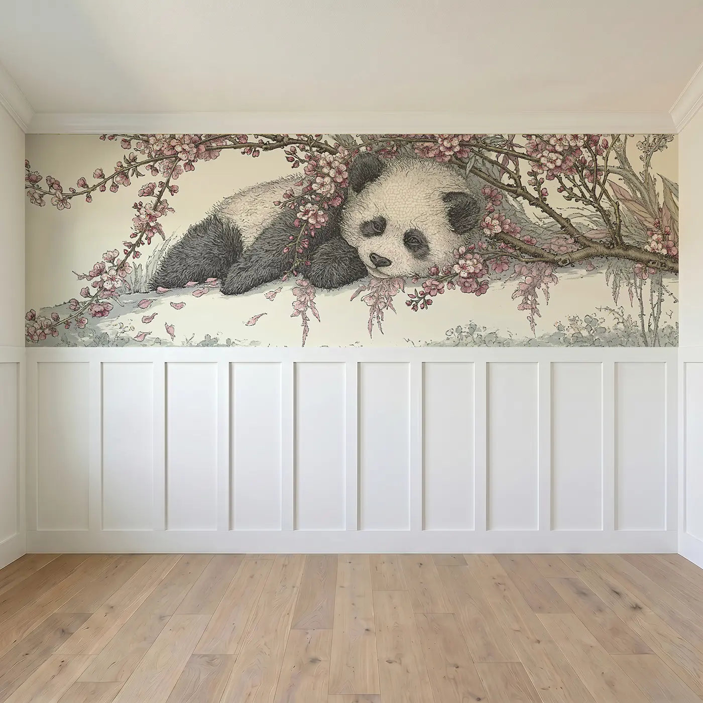 Full panel view of Panda Plum Blossom Branch Wainscoting Wallpaper by Whimsy Tots