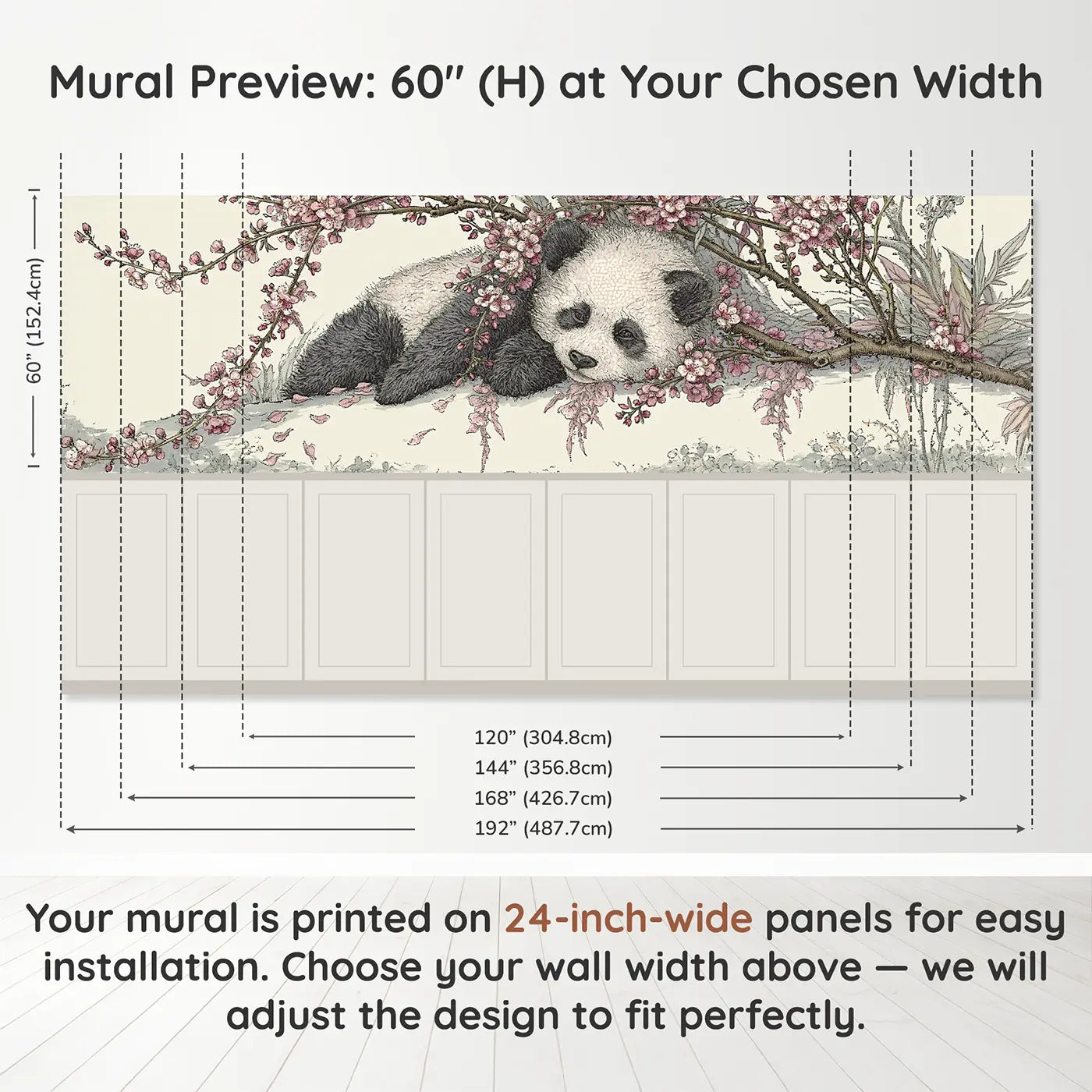 Panel dimensions for Panda Plum Blossom Branch Wainscoting Wallpaper by Whimsy Tots