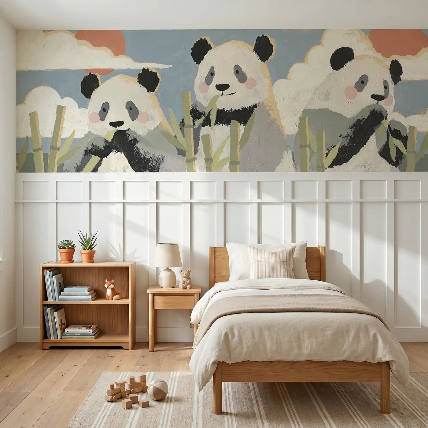 Modern Illustration panda bamboo row wainscoting wallpaper for nursery by Whimsy Tots.