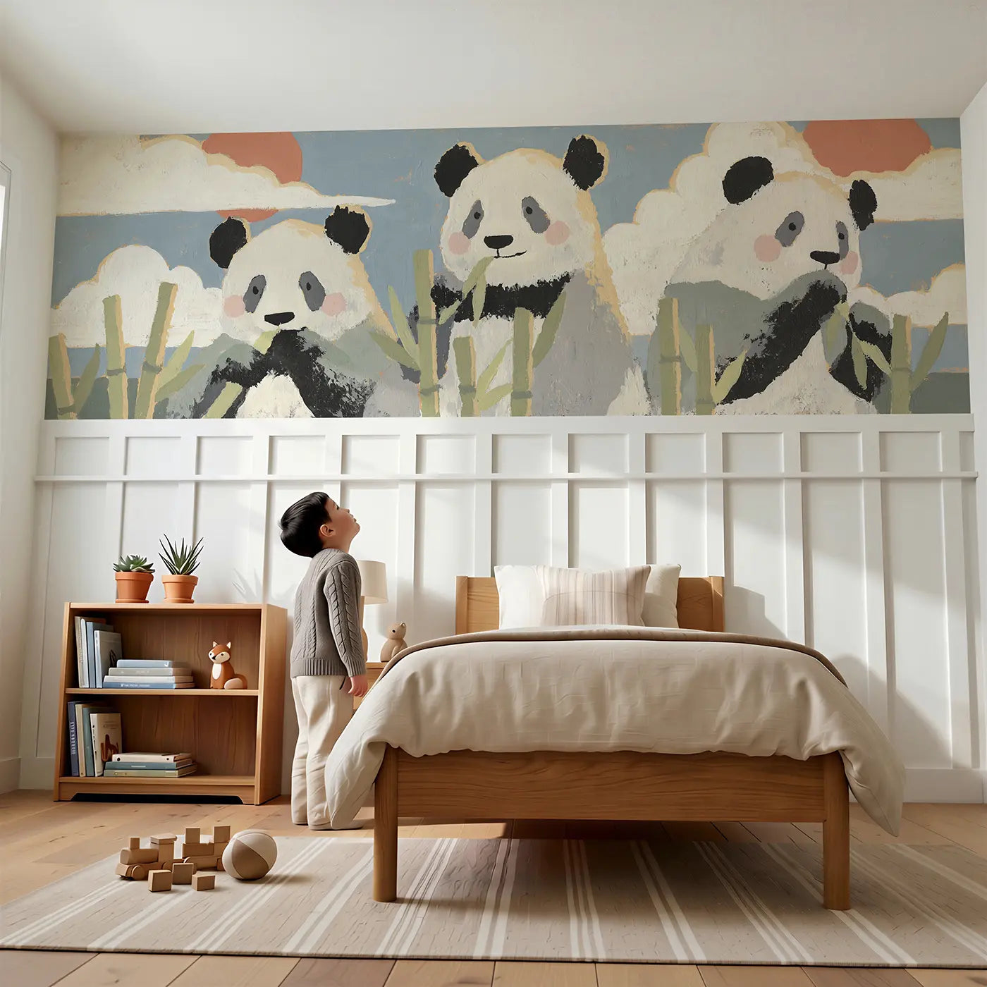 Child reading near Flat Panda Bamboo Row Wainscoting Wallpaper by Whimsy Tots