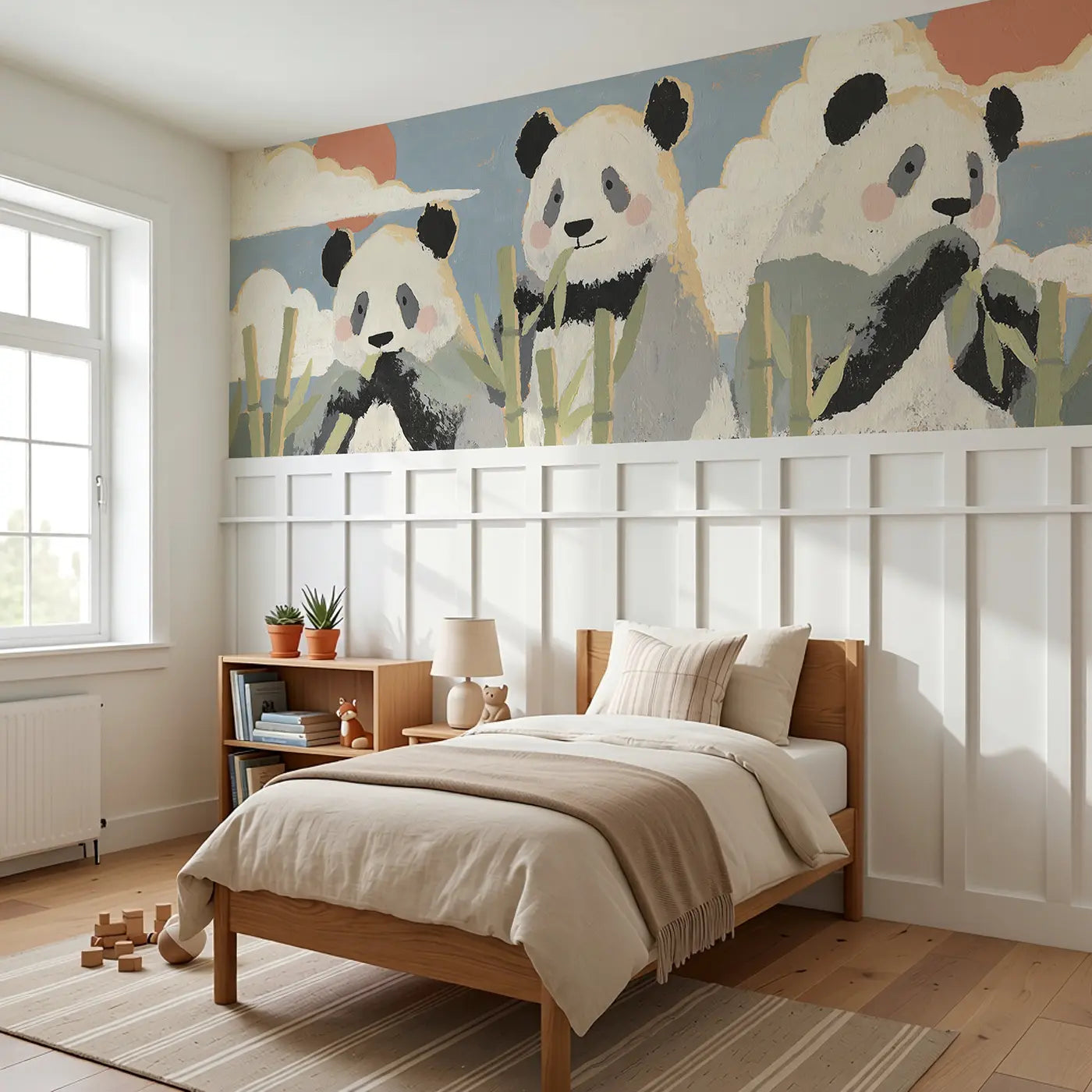 Flat Panda Bamboo Row Wainscoting Wallpaper styled in a kids bedroom by Whimsy Tots