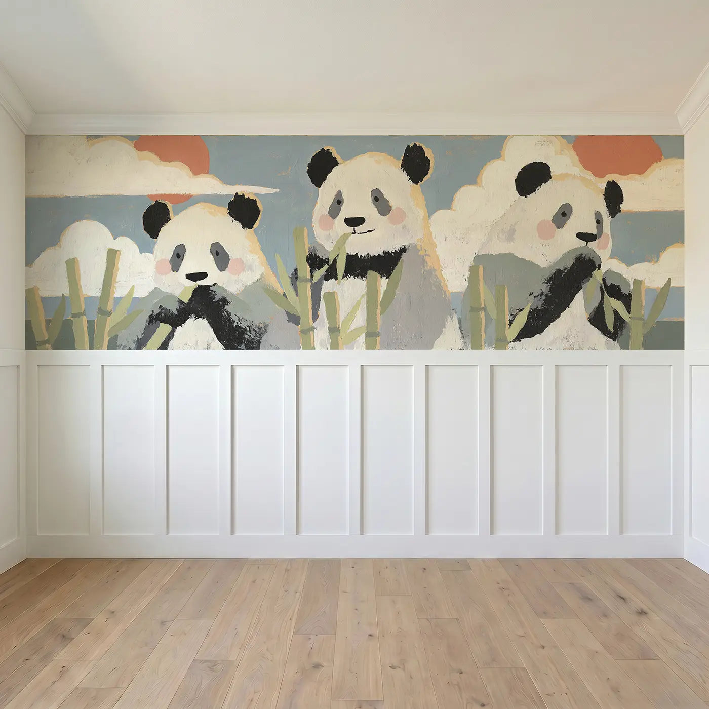 Full panel view of Flat Panda Bamboo Row Wainscoting Wallpaper by Whimsy Tots