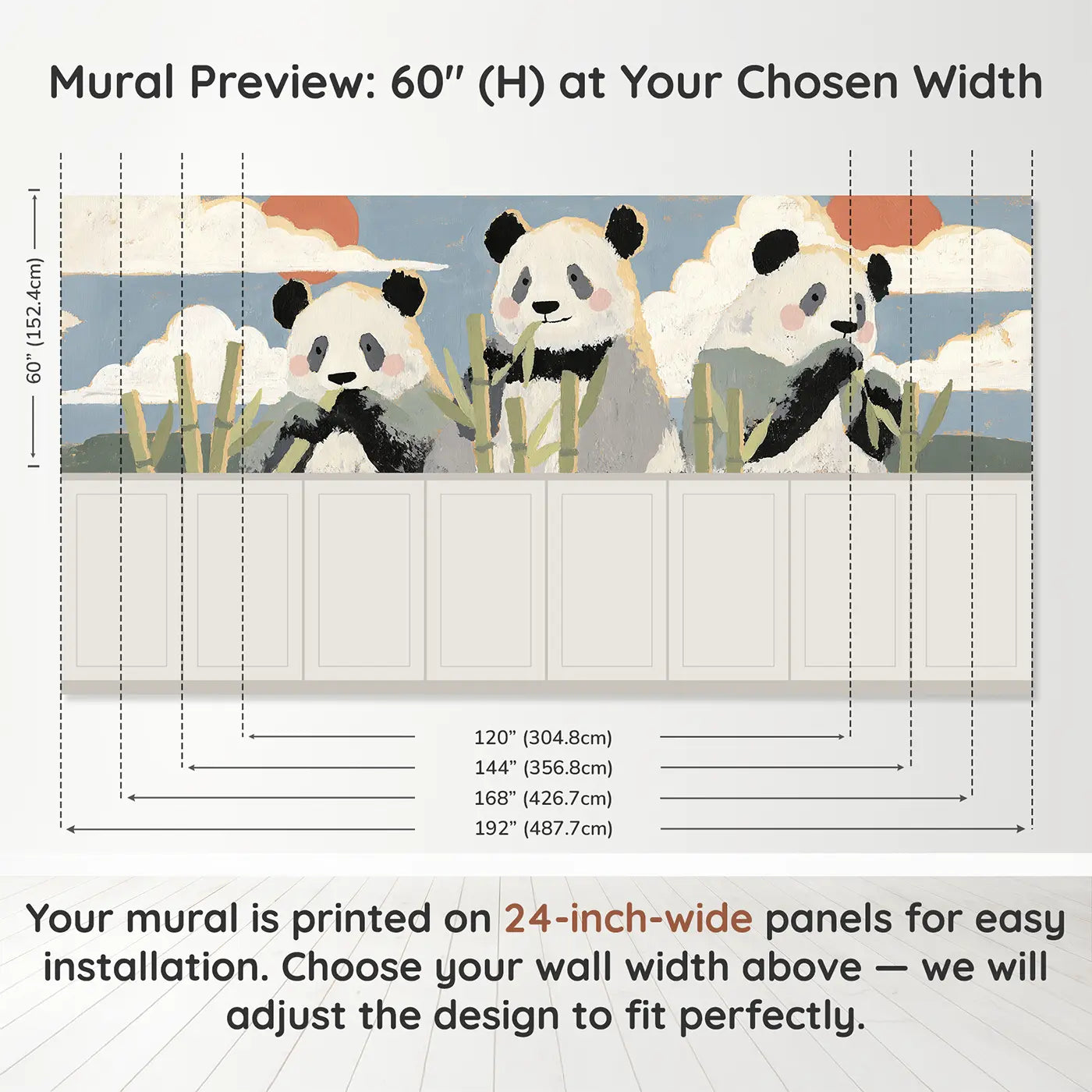 Panel dimensions for Flat Panda Bamboo Row Wainscoting Wallpaper by Whimsy Tots