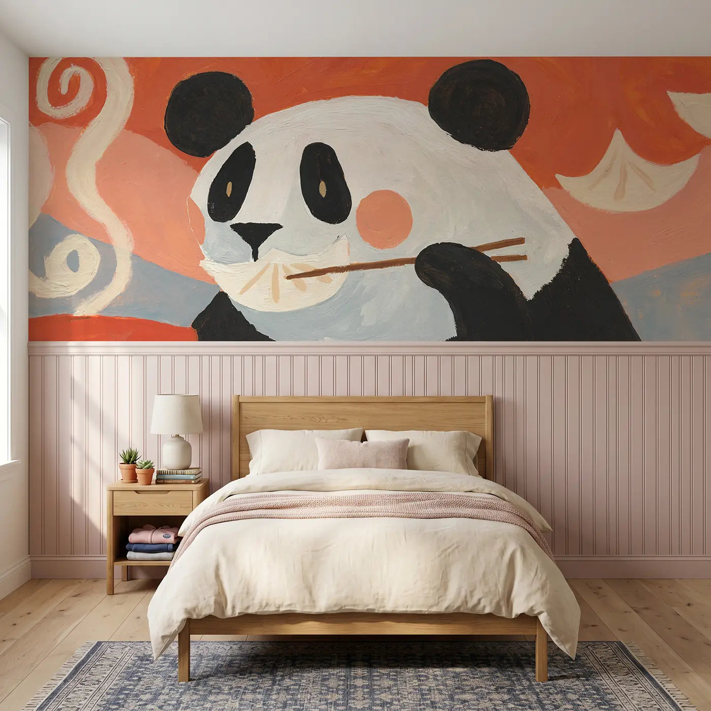 Modern Illustration panda dumpling bite wainscoting wallpaper for bedroom by Whimsy Tots.
