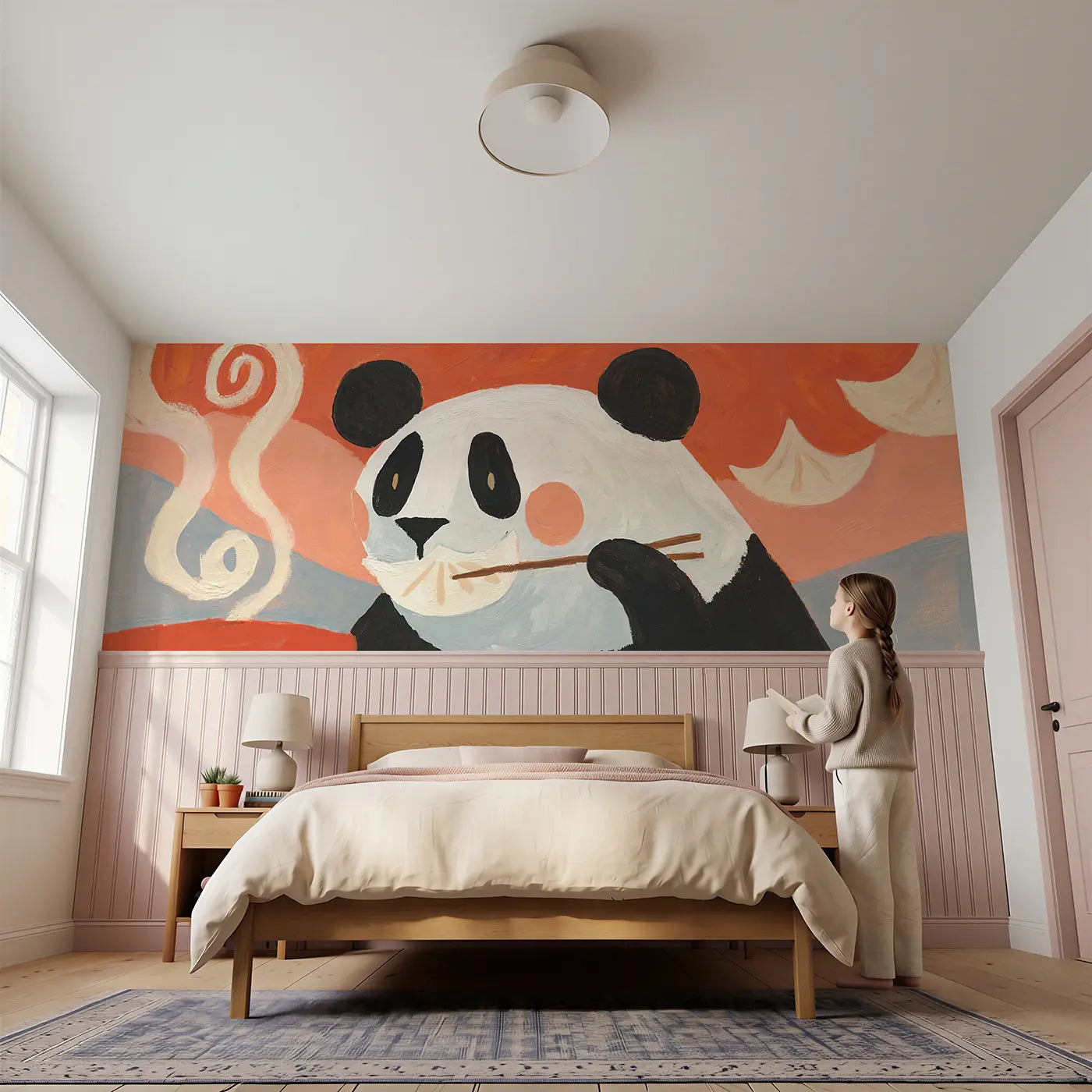 Child reading near Graphic Panda Dumpling Bite Wainscoting Wallpaper by Whimsy Tots