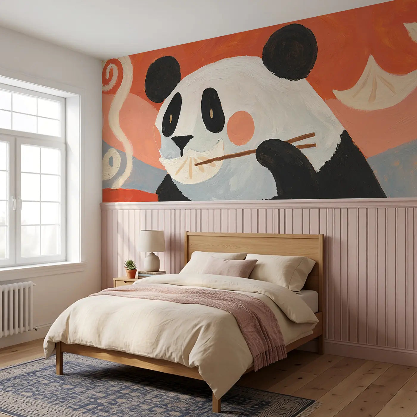 Graphic Panda Dumpling Bite Wainscoting Wallpaper styled in a kids bedroom by Whimsy Tots