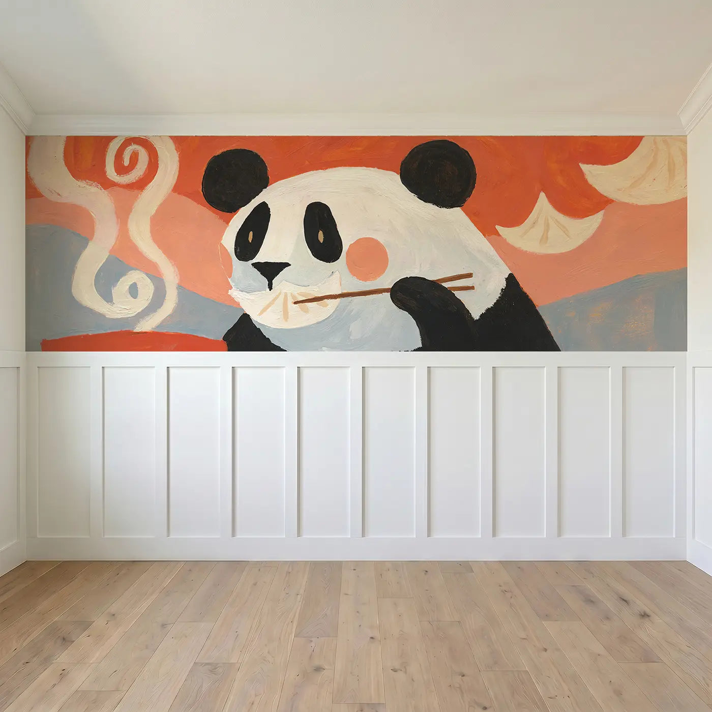 Full panel view of Graphic Panda Dumpling Bite Wainscoting Wallpaper by Whimsy Tots
