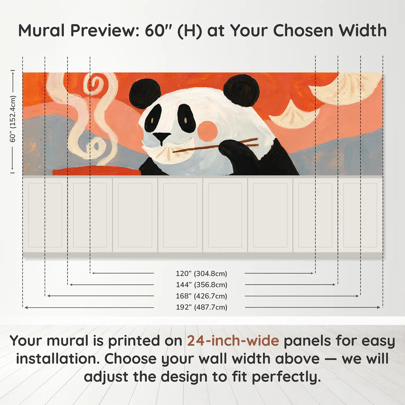Panel dimensions for Graphic Panda Dumpling Bite Wainscoting Wallpaper by Whimsy Tots